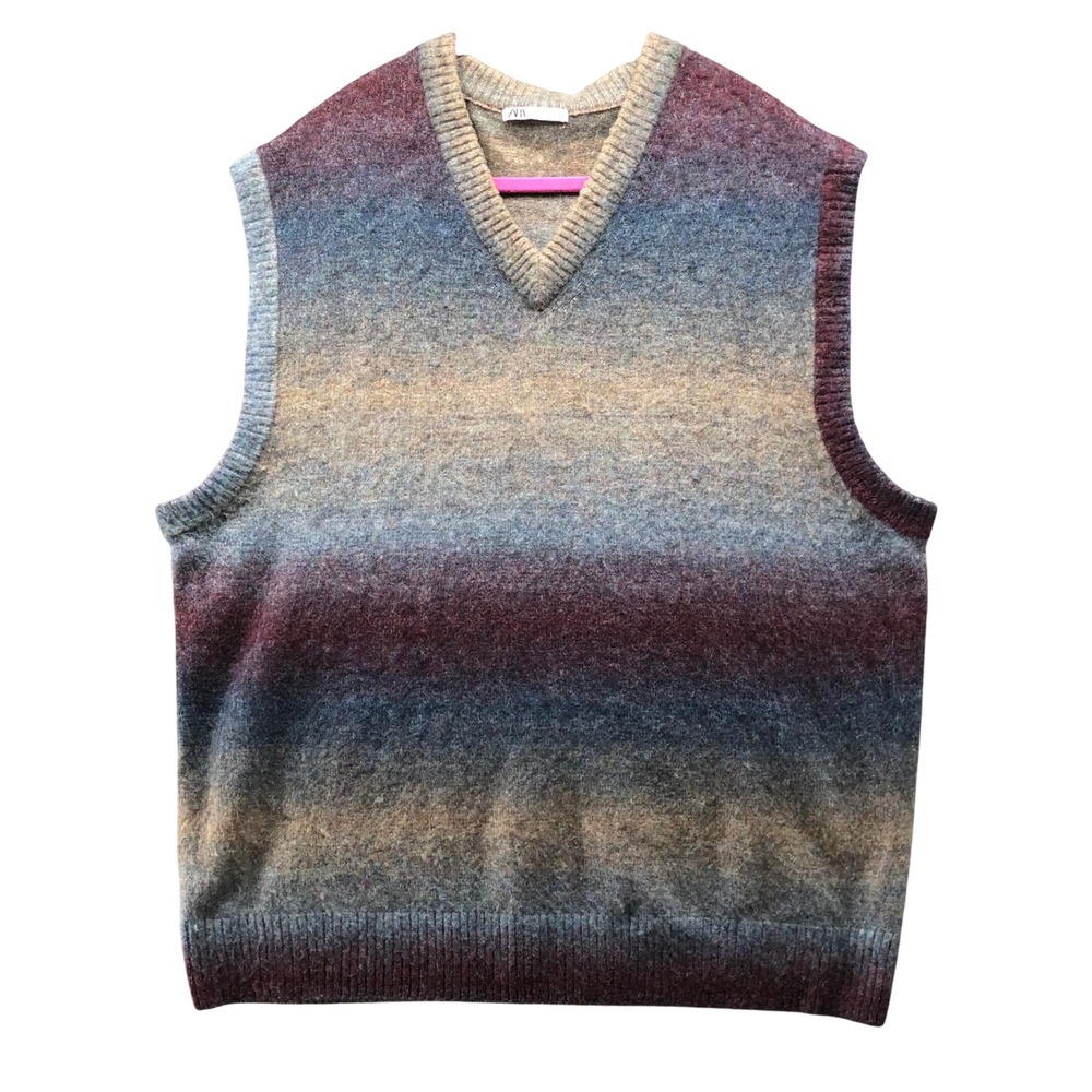 Zara Ombre V Neck Sweater Vest Mens XL Blue Purple Tan Gradient Knit Sleeveless
